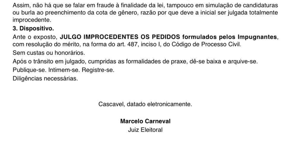 Julgados improcedentes os pedidos de cassação da chapa de vereadores do PSC de Cascavel