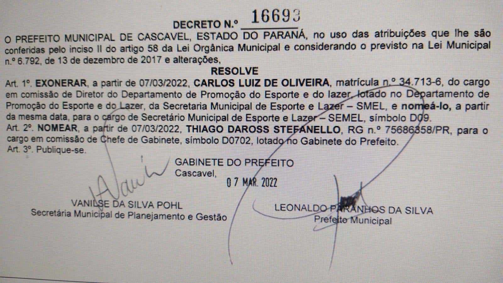 Stefanello e Carlinhos Oliveira nomeados secretários na Prefeitura de Cascavel