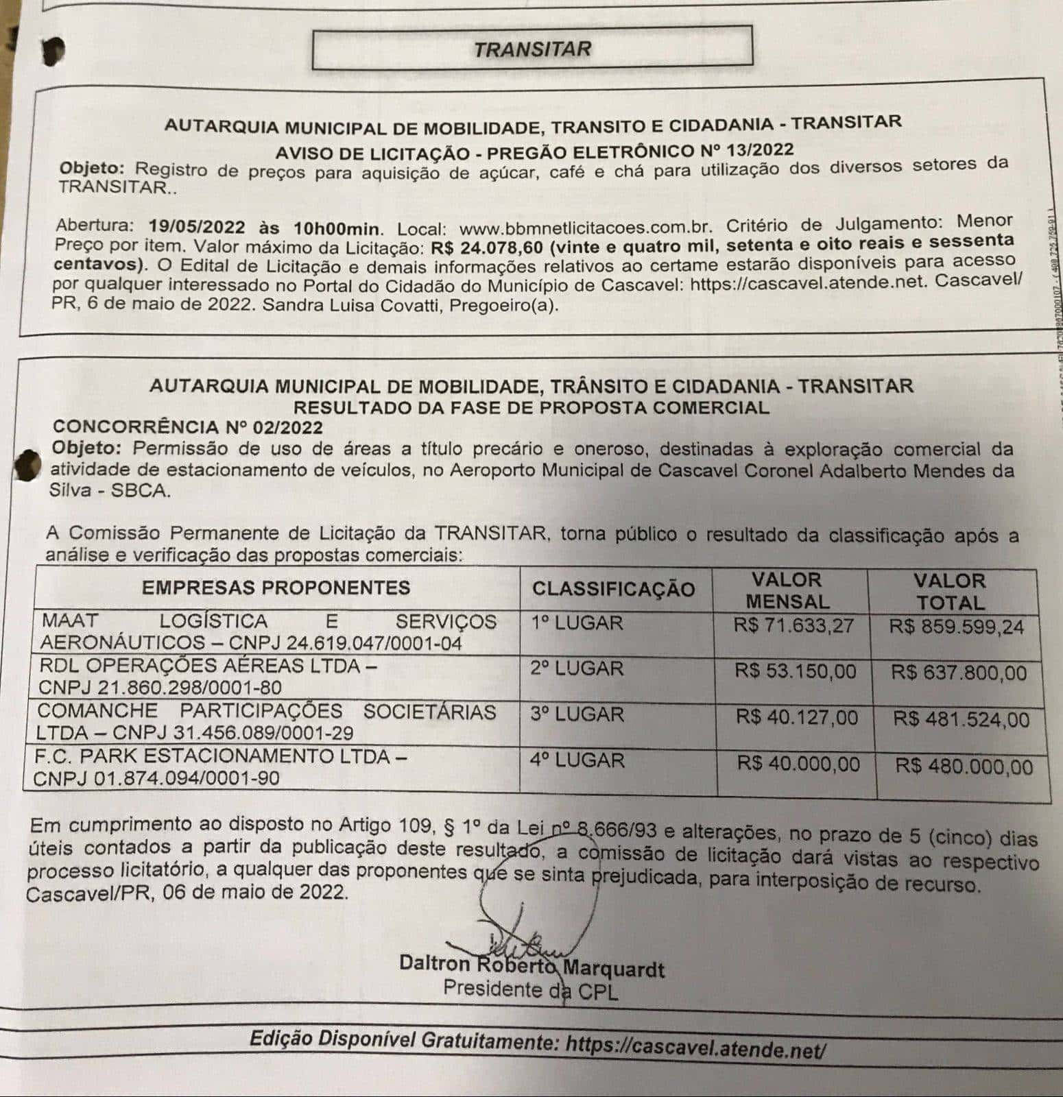 Empresa Cascavelense vence concorrência de exploração do estacionamento do Aeroporto de Cascavel