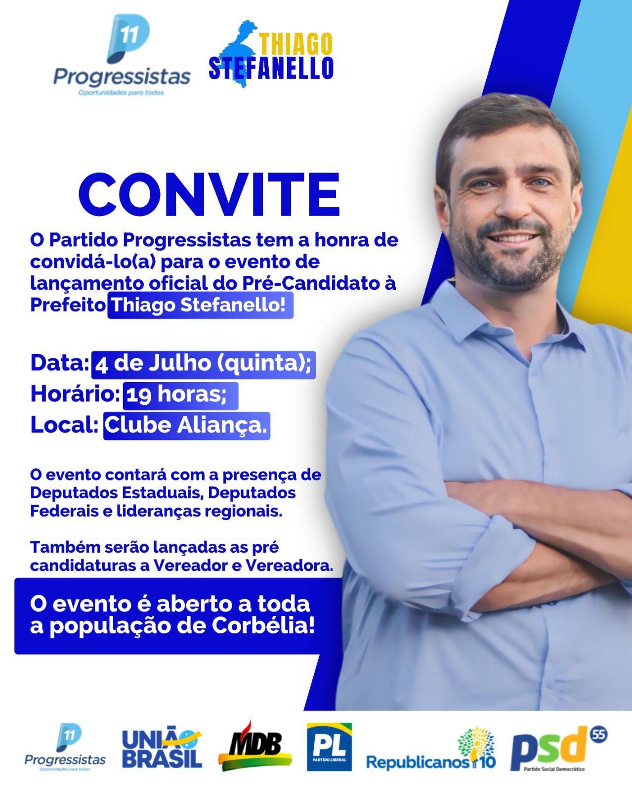 Thiago Stefanello (PP) será lançado hoje, pré-candidato a prefeito de Corbélia