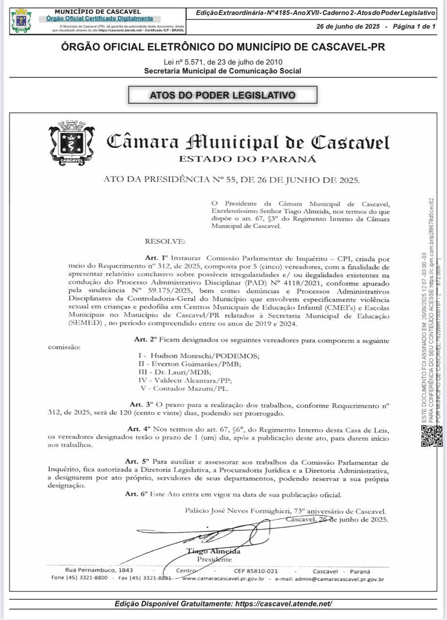 Divulgados os nomes que irão compor a CPI do assédio sexual em CMEI de Cascavel