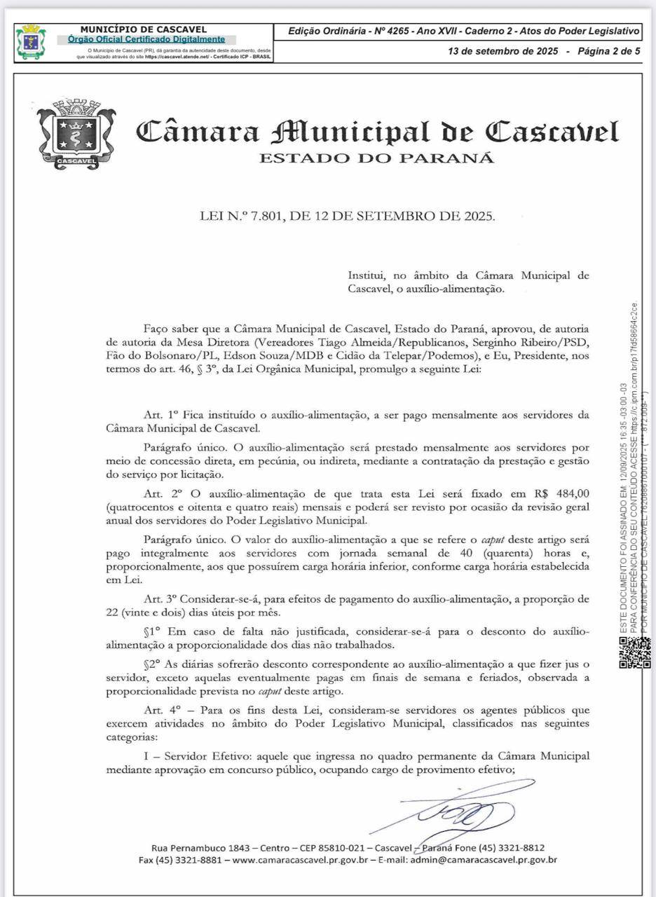 Promulgada a Lei que institui auxílio-alimentação aos servidores da Câmara de Cascavel